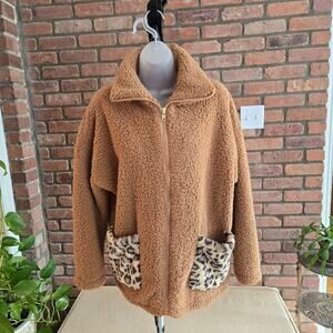 Zip Teddy Bear Coat Fleece Jacket Leopard Pockets